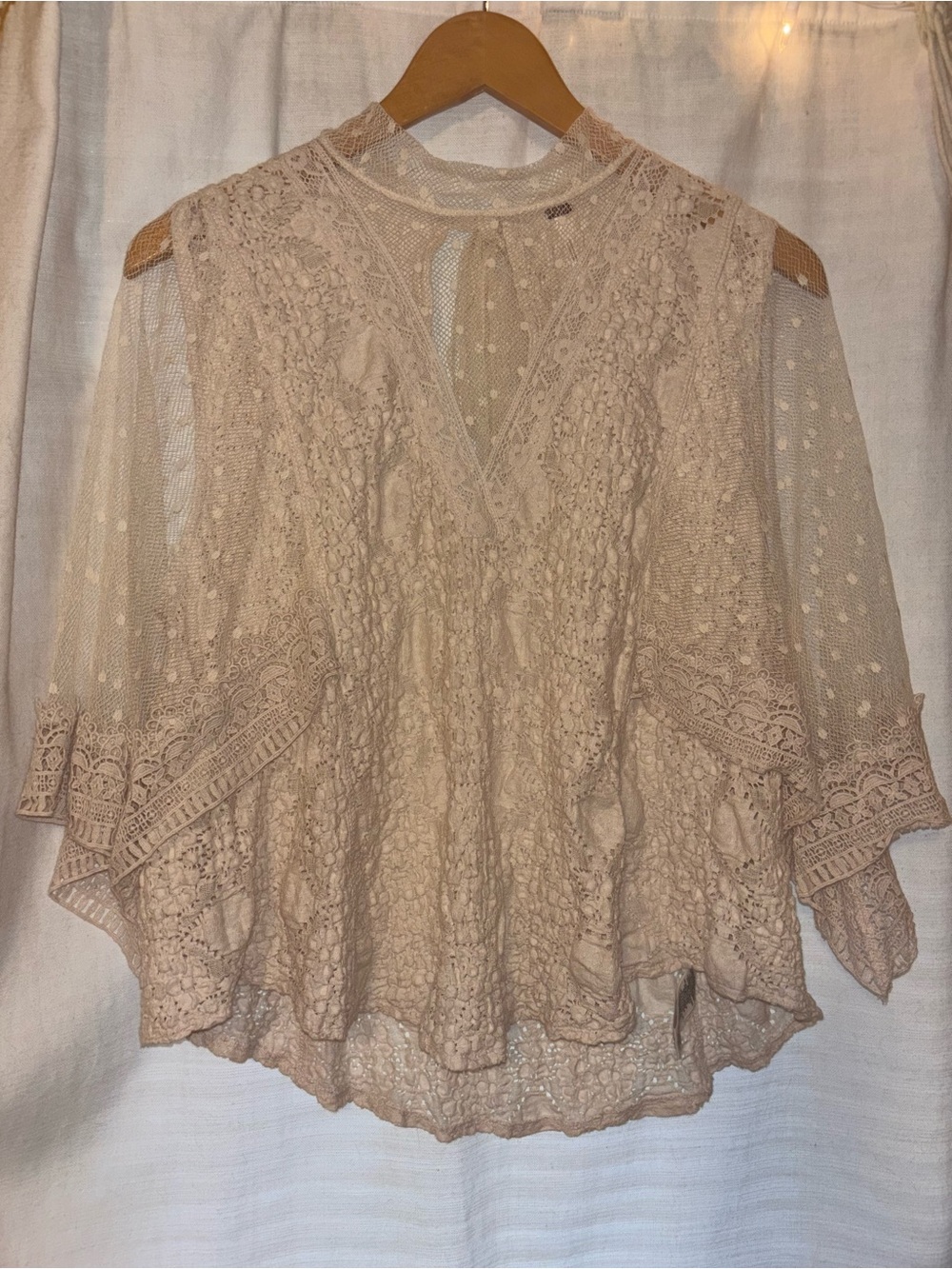 Free People Cream Lace Crochet Boho Blouse Top Size XS